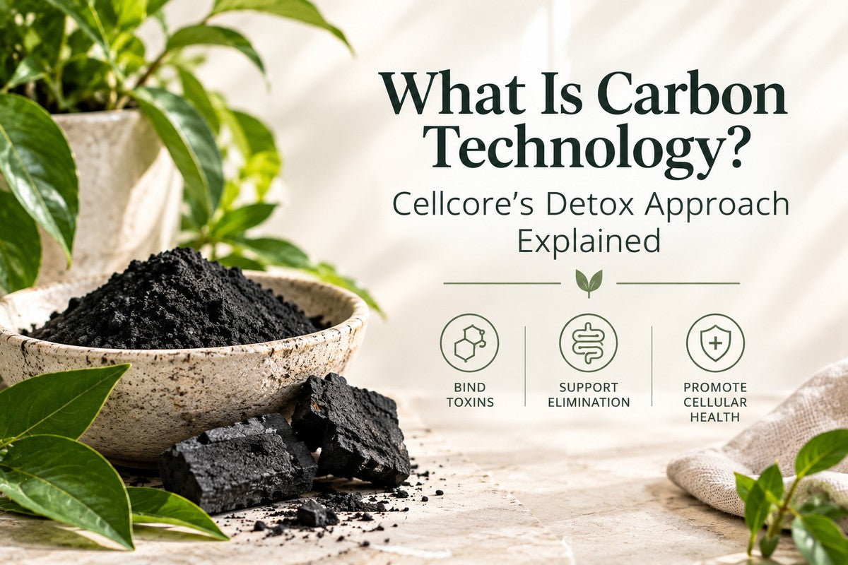 Cellcore supplement capsules representing Carbon Technology, the company's proprietary fulvic-acid-based formulation approach