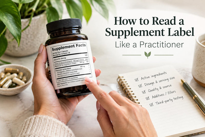 Supplement bottle with a Supplement Facts label, illustrating how to read a supplement label