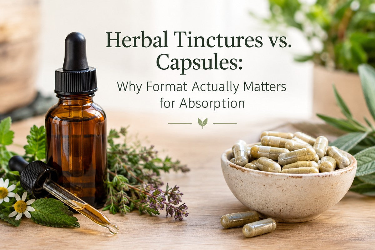 Amber glass dropper bottle of herbal tincture next to a bowl of herbal capsules with fresh herbs