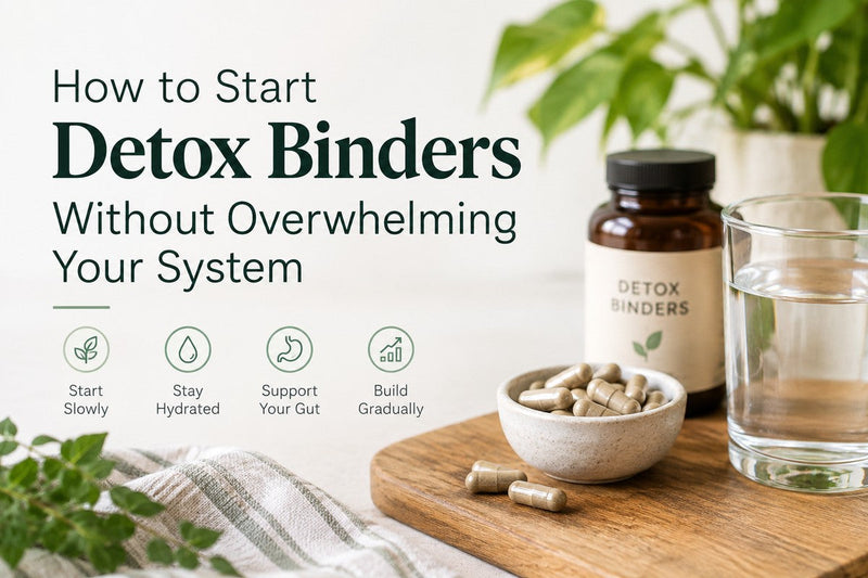 Bottle labeled Detox Binders with a bowl of capsules, glass of water, and wooden board, alongside icons for starting slowly, staying hydrated, supporting your gut, and building gradually