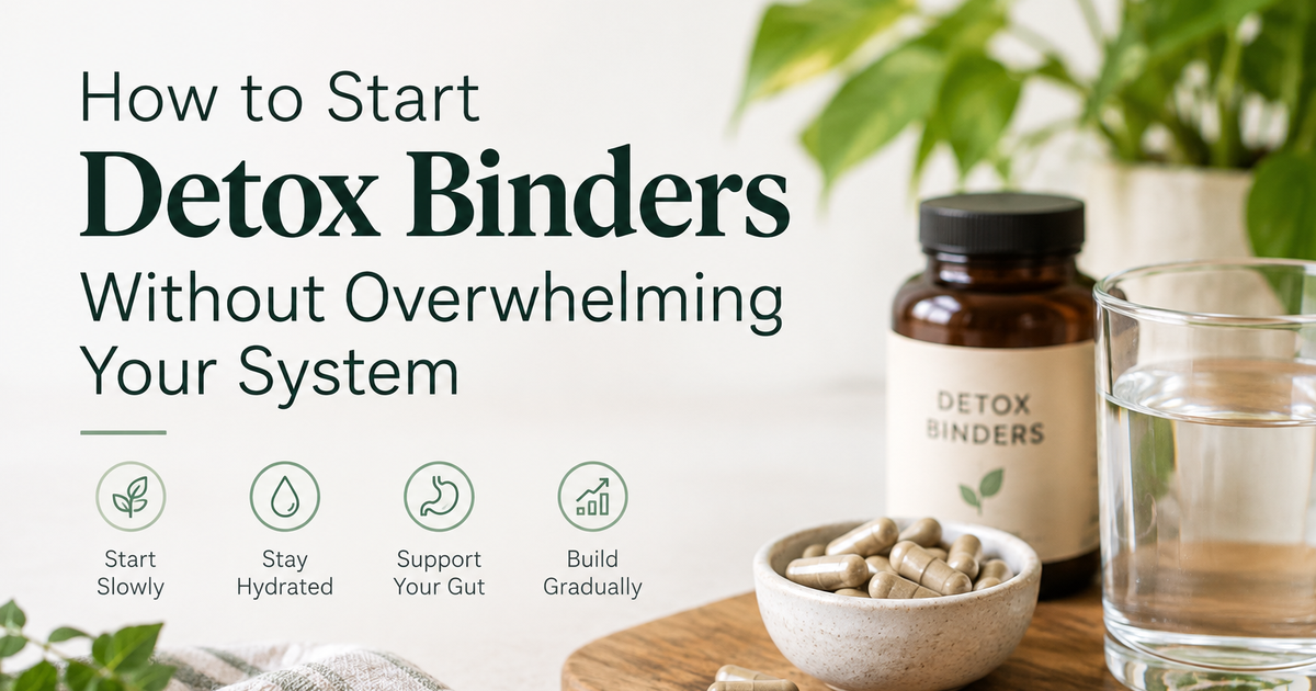 Bottle labeled Detox Binders with a bowl of capsules, glass of water, and wooden board, alongside icons for starting slowly, staying hydrated, supporting your gut, and building gradually