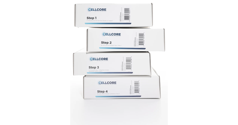 Stack of four Cellcore Foundational Protocol boxes labeled Step 1 through Step 4