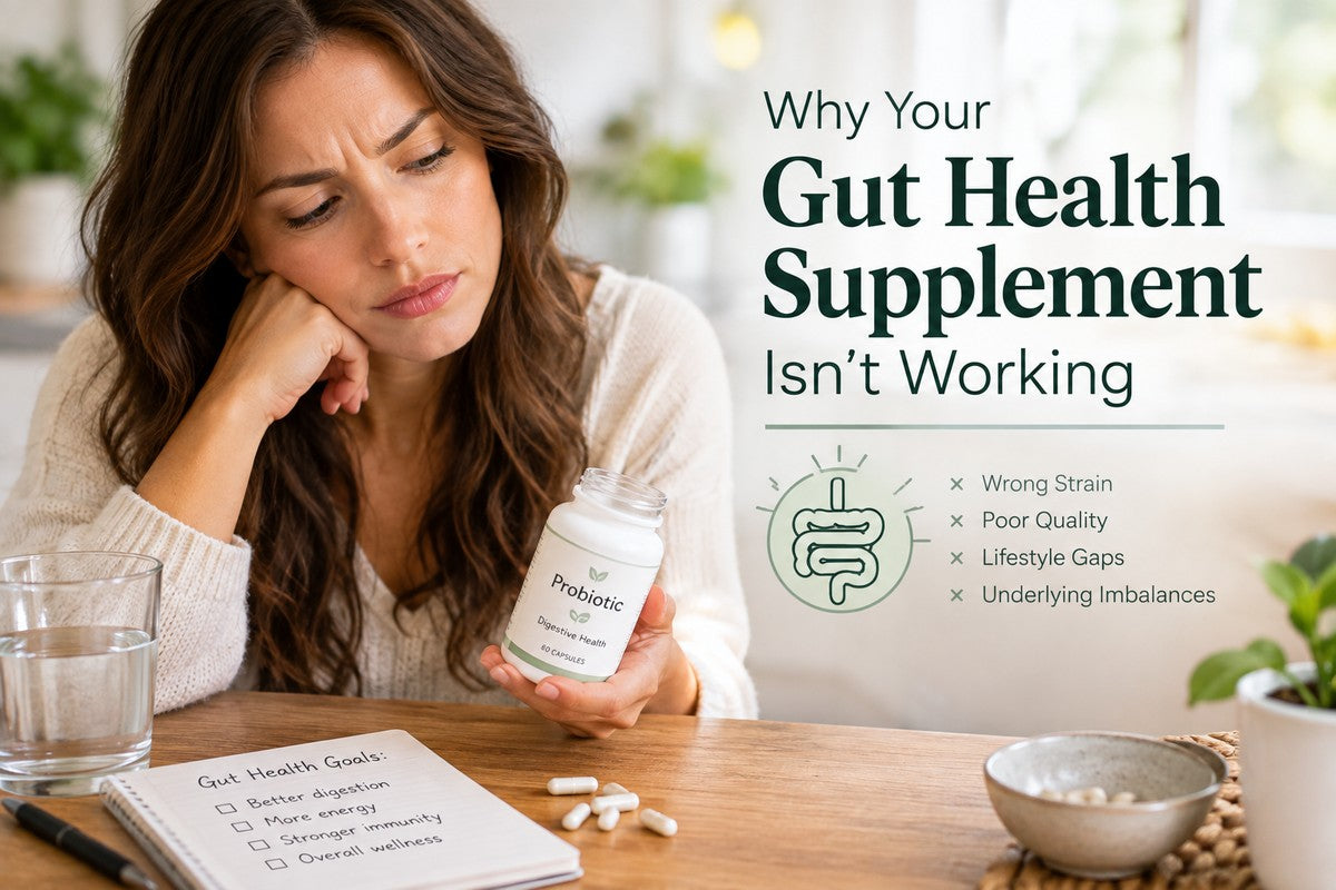 Woman looking skeptically at a probiotic bottle, with reasons a gut health supplement might not be working: wrong strain, poor quality, lifestyle gaps, underlying imbalances