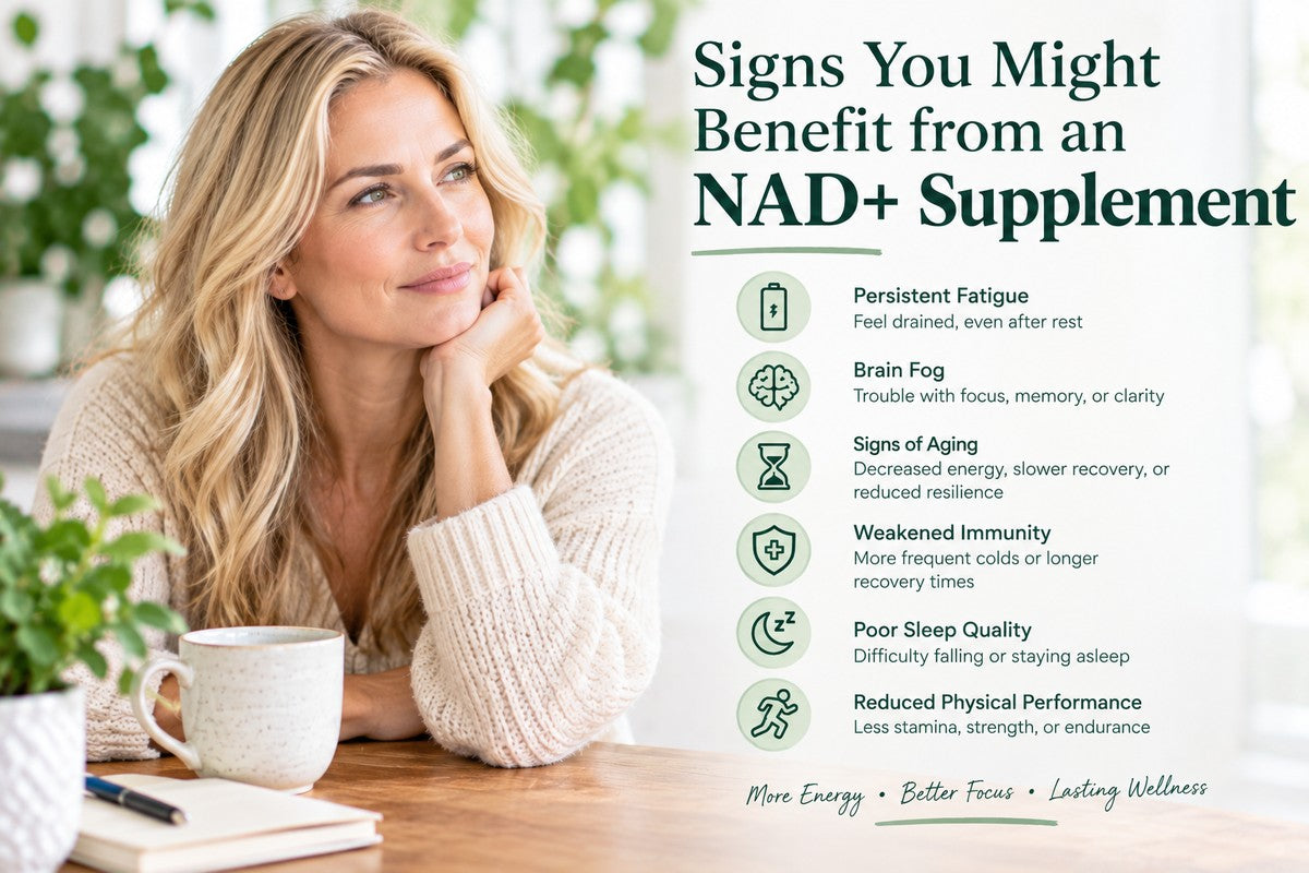 Woman thinking with list of six signs you might benefit from an NAD+ supplement: fatigue, brain fog, aging, weakened immunity, poor sleep, reduced performance