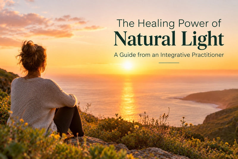 Woman sitting on a hilltop watching the sunset over the ocean, The Healing Power of Natural Light