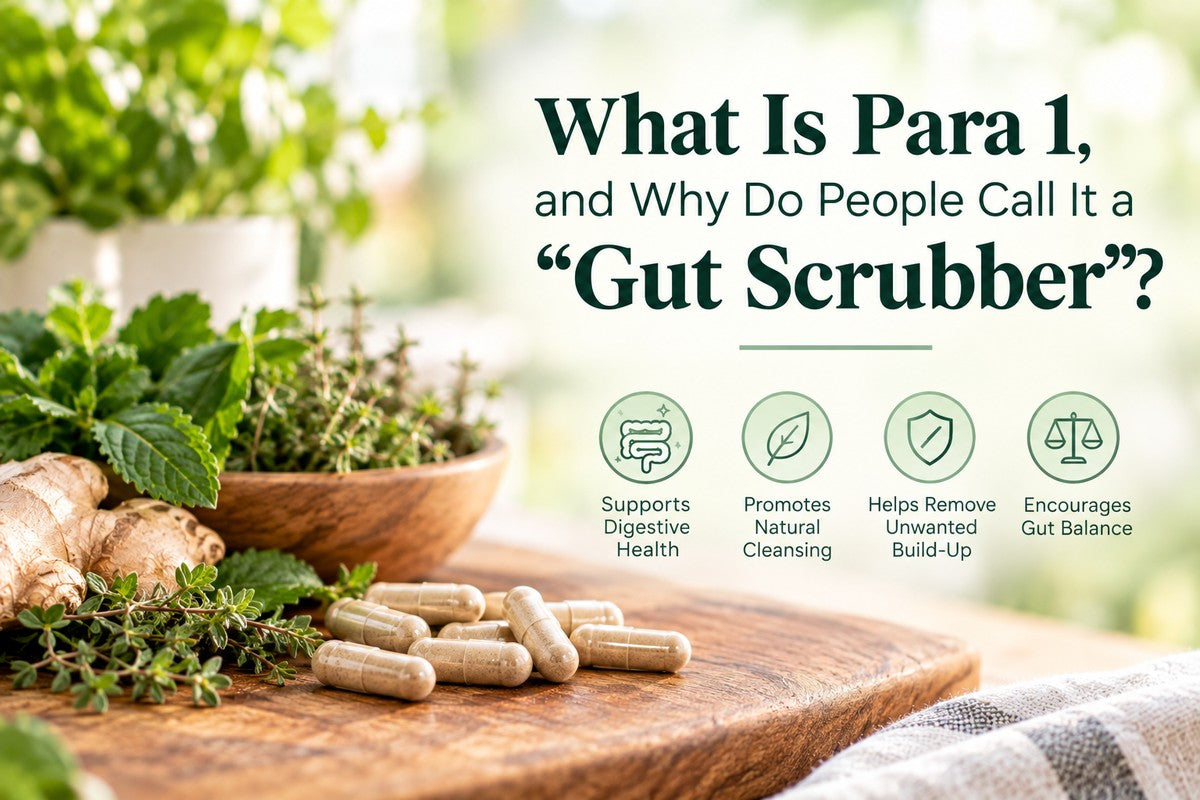 Para 1 capsules on a wooden board with herbs, labeled as a supplement that supports digestive health, natural cleansing, and gut balance
