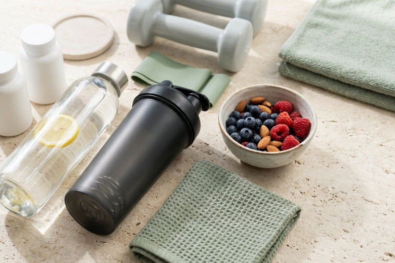 Water bottle with lemon, shaker bottle, berries and almonds, dumbbells and supplements for natural energy and performance