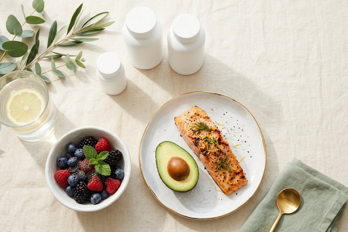 Grilled wild salmon, avocado, berries, lemon water and supplements on cream linen for natural GLP-1 support