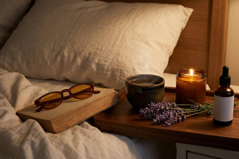 Cozy bedside with herbal tea, candle, lavender, amber glasses and a supplement dropper for better sleep and less stress