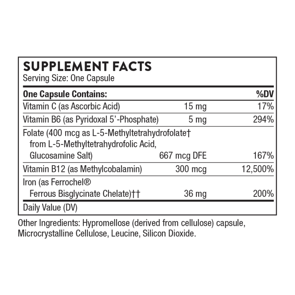 Advanced Iron Complex supplement facts: 36 mg iron bisglycinate chelate, vitamin C, B6, folate and B12 per capsule