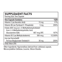 Advanced Iron Complex supplement facts: 36 mg iron bisglycinate chelate, vitamin C, B6, folate and B12 per capsule