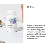 Thorne Advanced Iron Complex bottle on marble counter, easy-to-swallow iron with active folate, B6, B12 and vitamin C for energy
