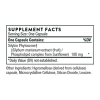 Milk Thistle Phytosome supplement facts: 180 mg silybin phytosome (milk thistle extract with sunflower phospholipids) per capsule