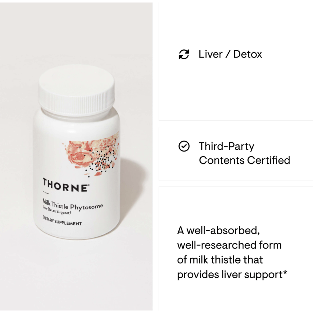Thorne Milk Thistle Phytosome bottle, third-party contents certified liver and detox support