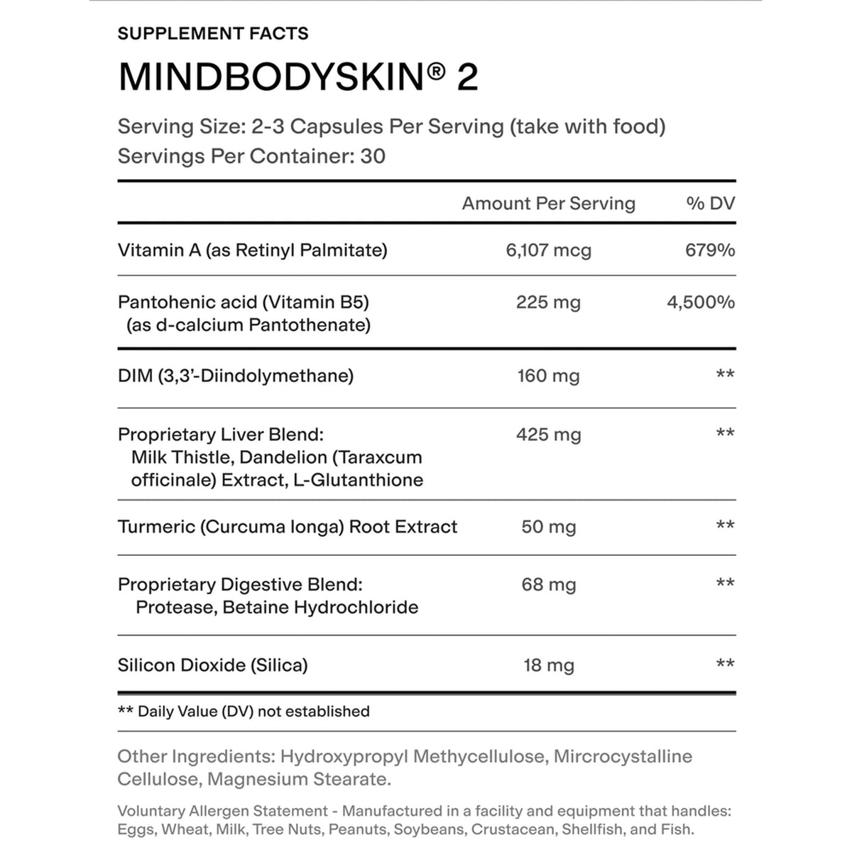 MINDBODYSKIN 2 supplement facts