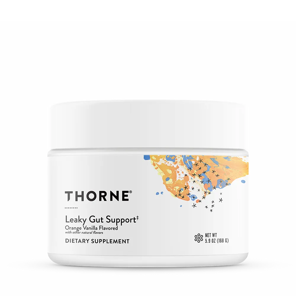 Thorne Leaky Gut Support orange vanilla powder, front of jar
