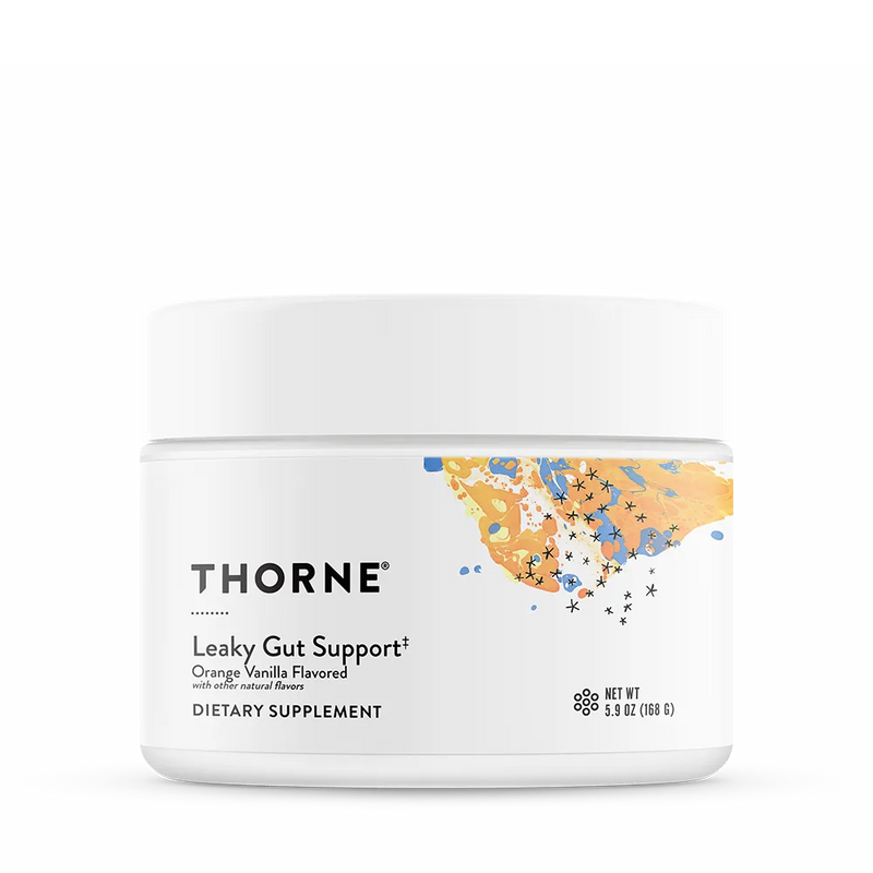 Thorne Leaky Gut Support orange vanilla powder, front of jar